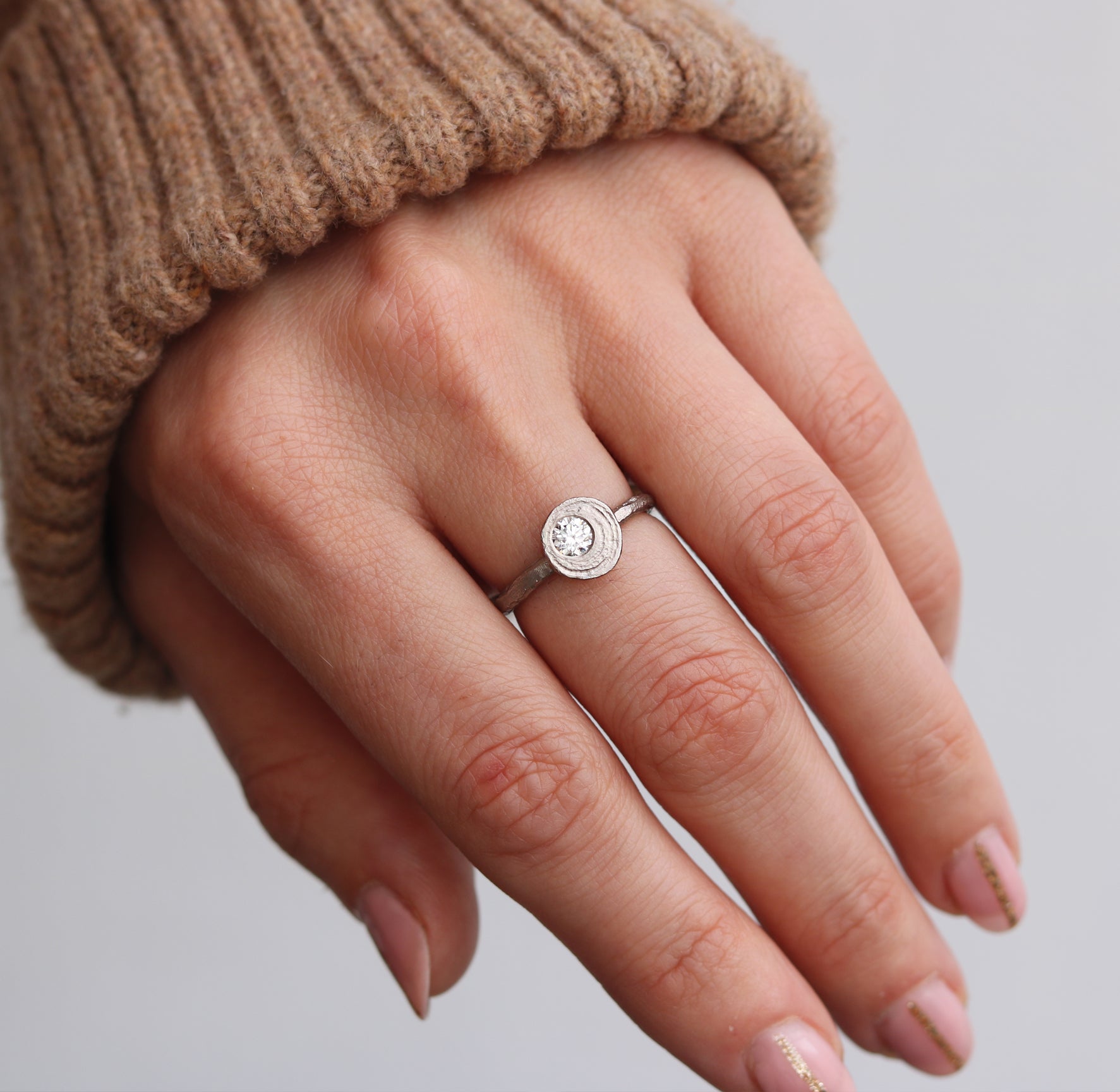 Textured  White Gold Ring with  Brilliant Cut Offset Diamond
