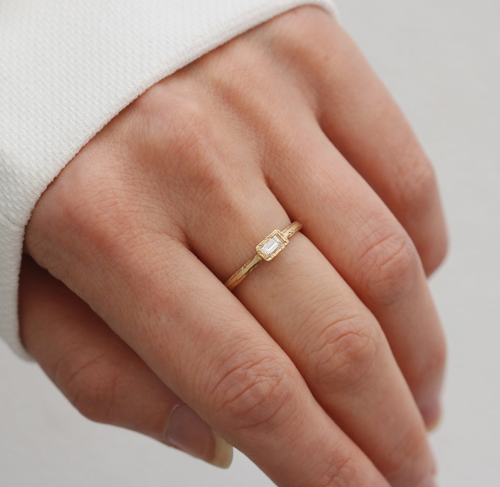 9ct Fairtrade Yellow Gold Ring with a Baguette White Diamond