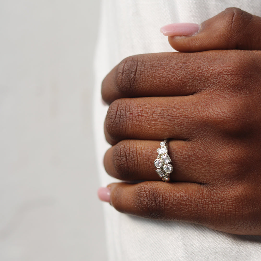White Gold Textured Cluster Ring with Diamonds worn on hand 