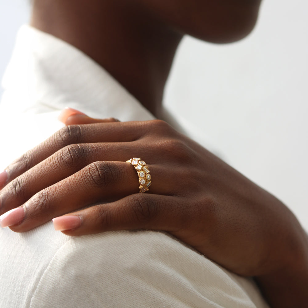 Yellow Gold Organic Cluster Ring set with Diamonds worn on hand