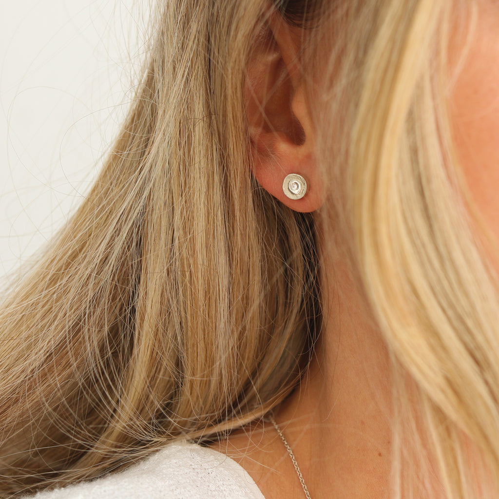 Round Silver and Diamond Ear Studs