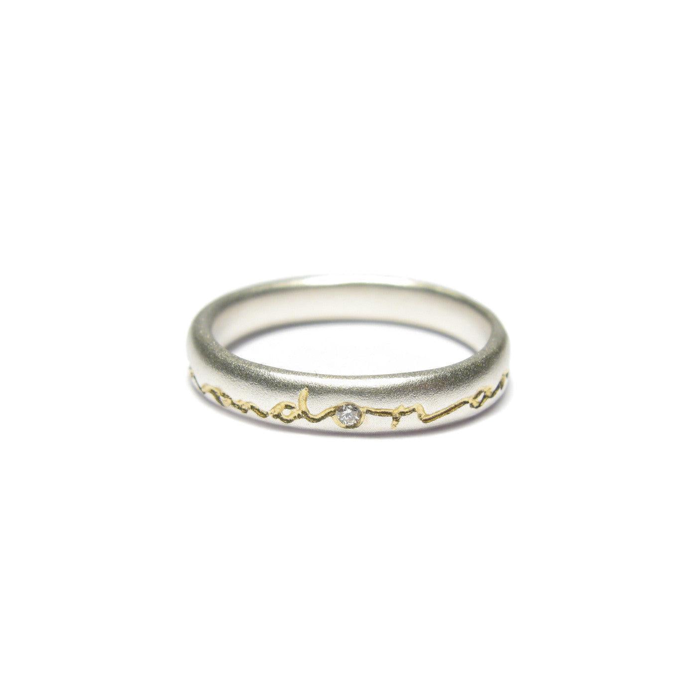 Diana Porter etched on and on silver gold ring with diamond