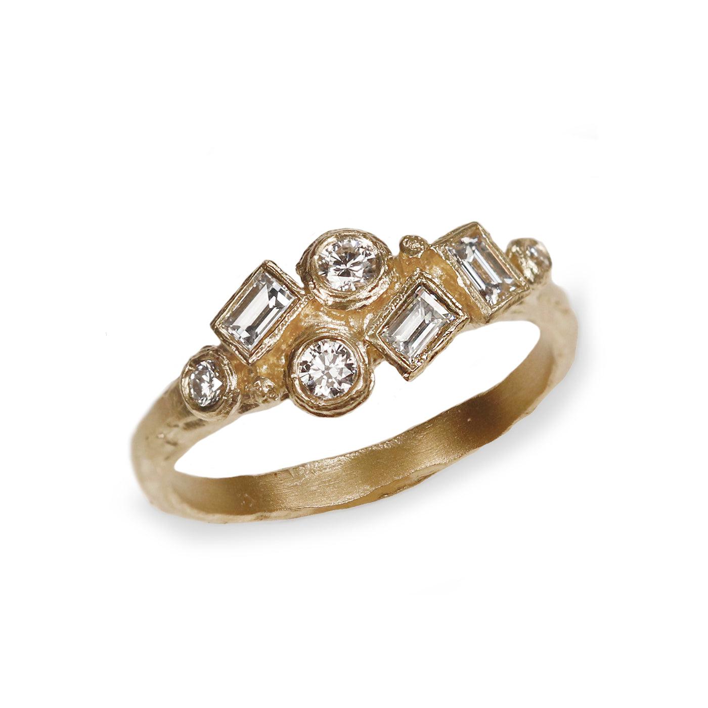 Modern 9ct Yellow Gold Cluster Diamond Ring on white background 