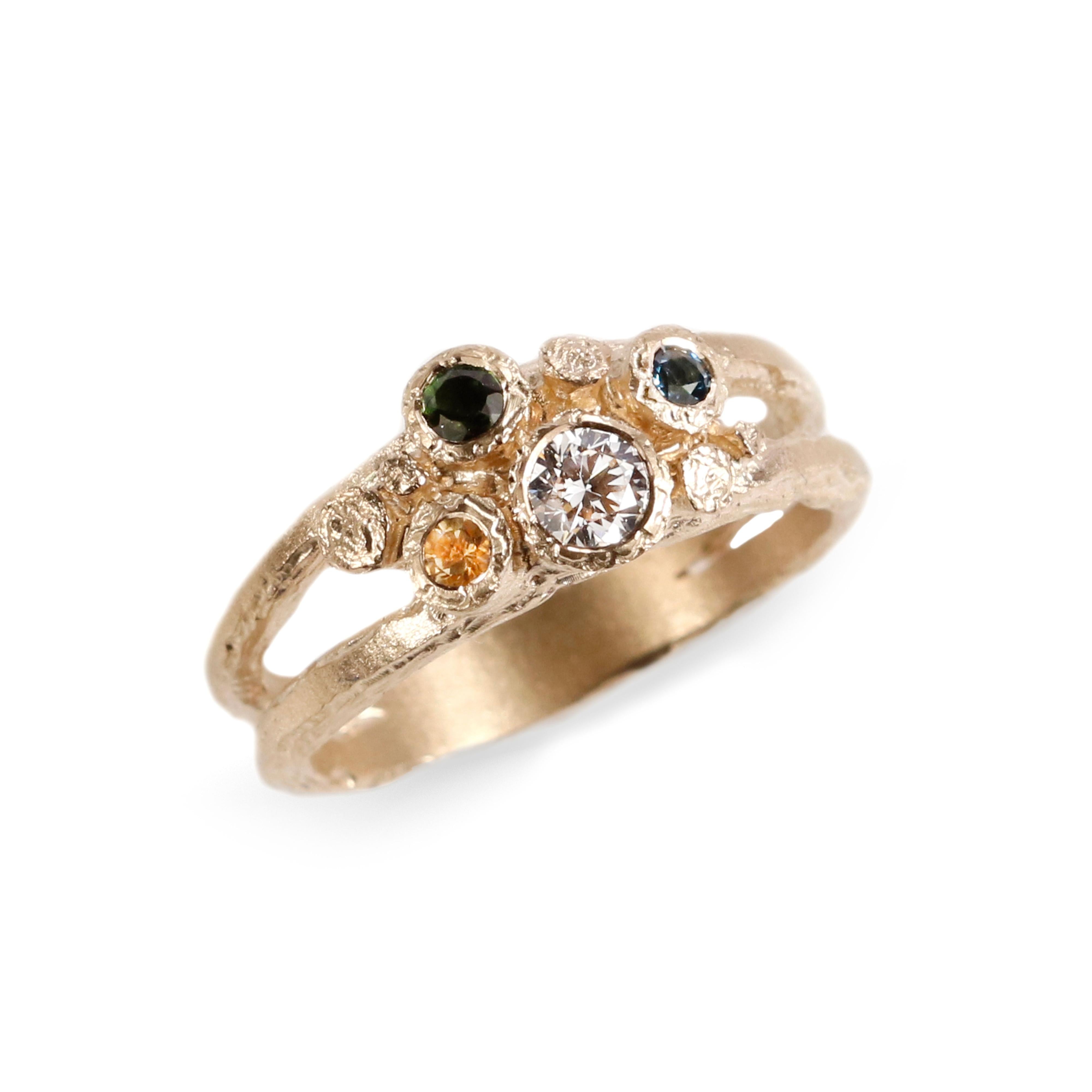 9ct Fairtrade Yellow Gold Cluster Ring with Green Tourmaline, Diamond, Citrine and Topaz