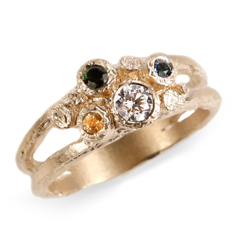 9ct Fairtrade Yellow Gold Cluster Ring with Green Tourmaline, Diamond, Citrine and Topaz