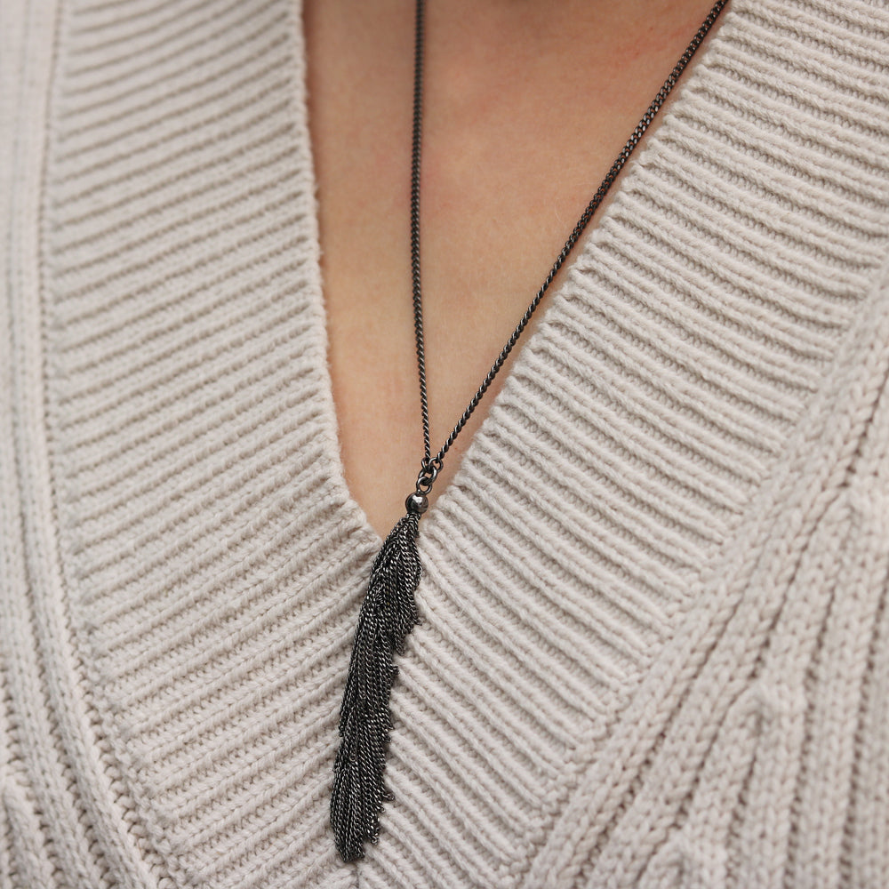Outlet Claudia Milic Long Tassel Necklace in Black Rhodium plate