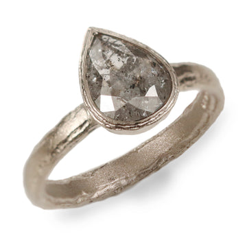 18ct Fairtrade White Gold Ring with a Pear Shaped Salt and Pepper Diamond