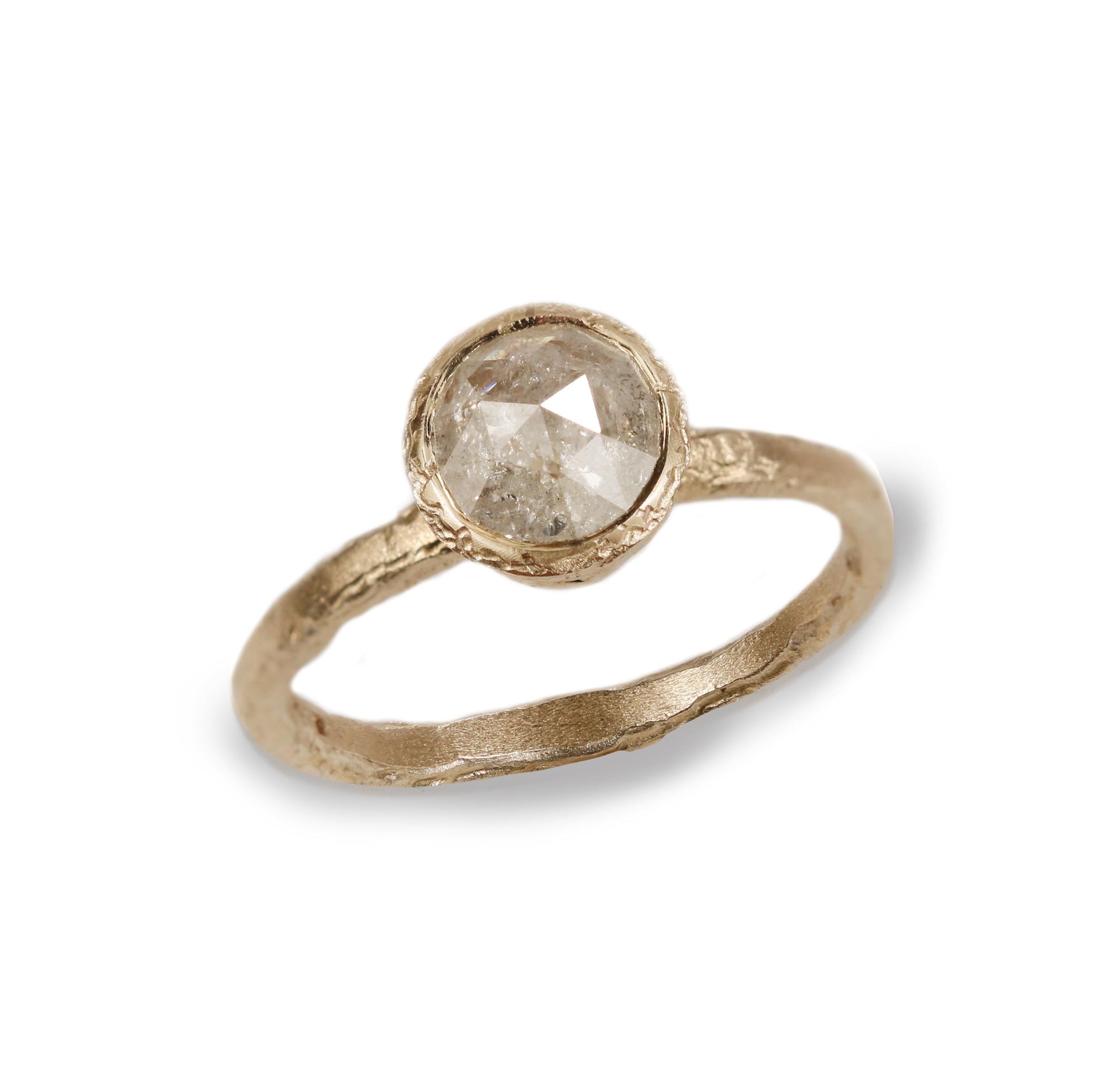  Yellow Gold Organic Ring Set with Icy White Rose-Cut Diamond on white background