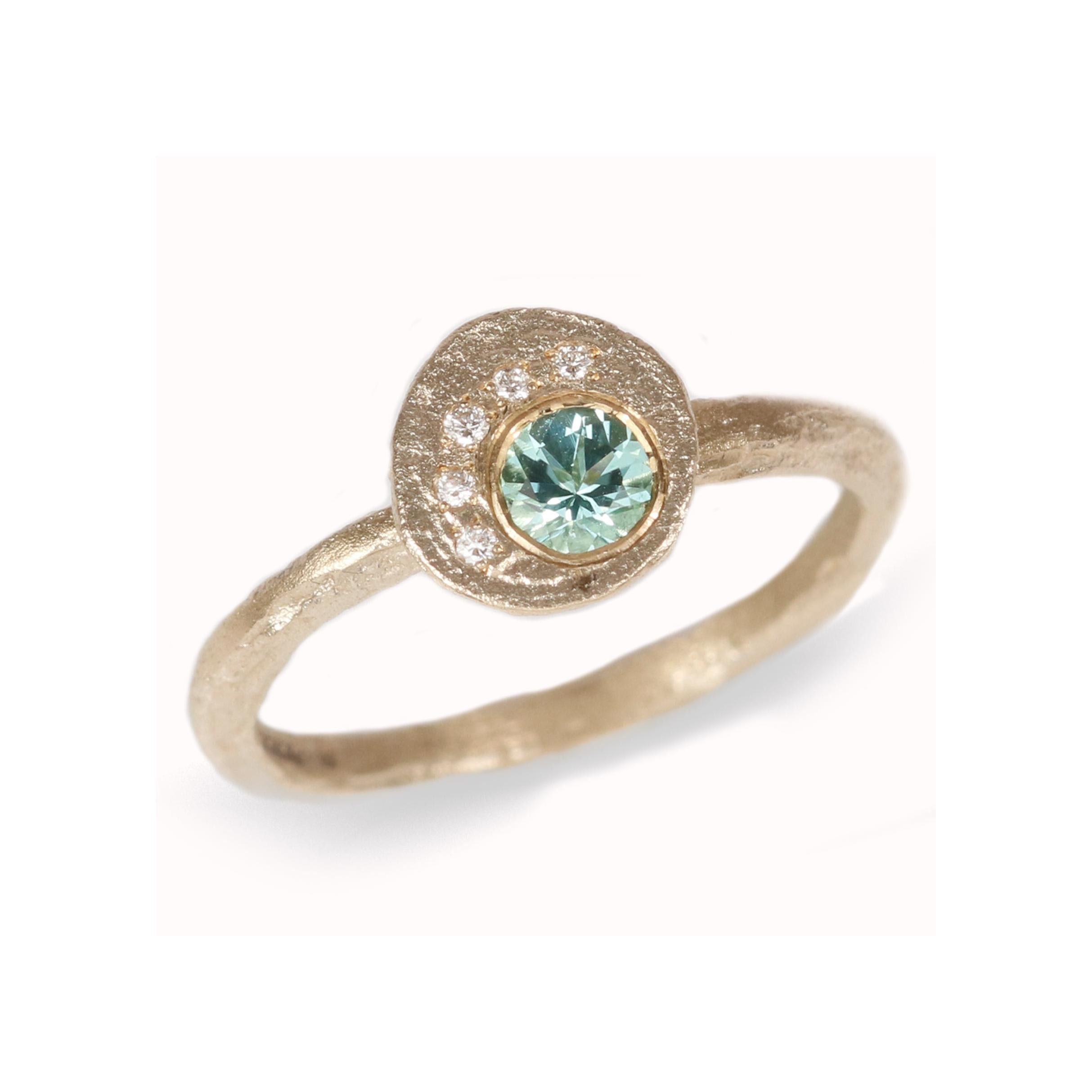 Yellow Gold Textured Ring with Seafoam Tourmaline and Ethical Diamonds 