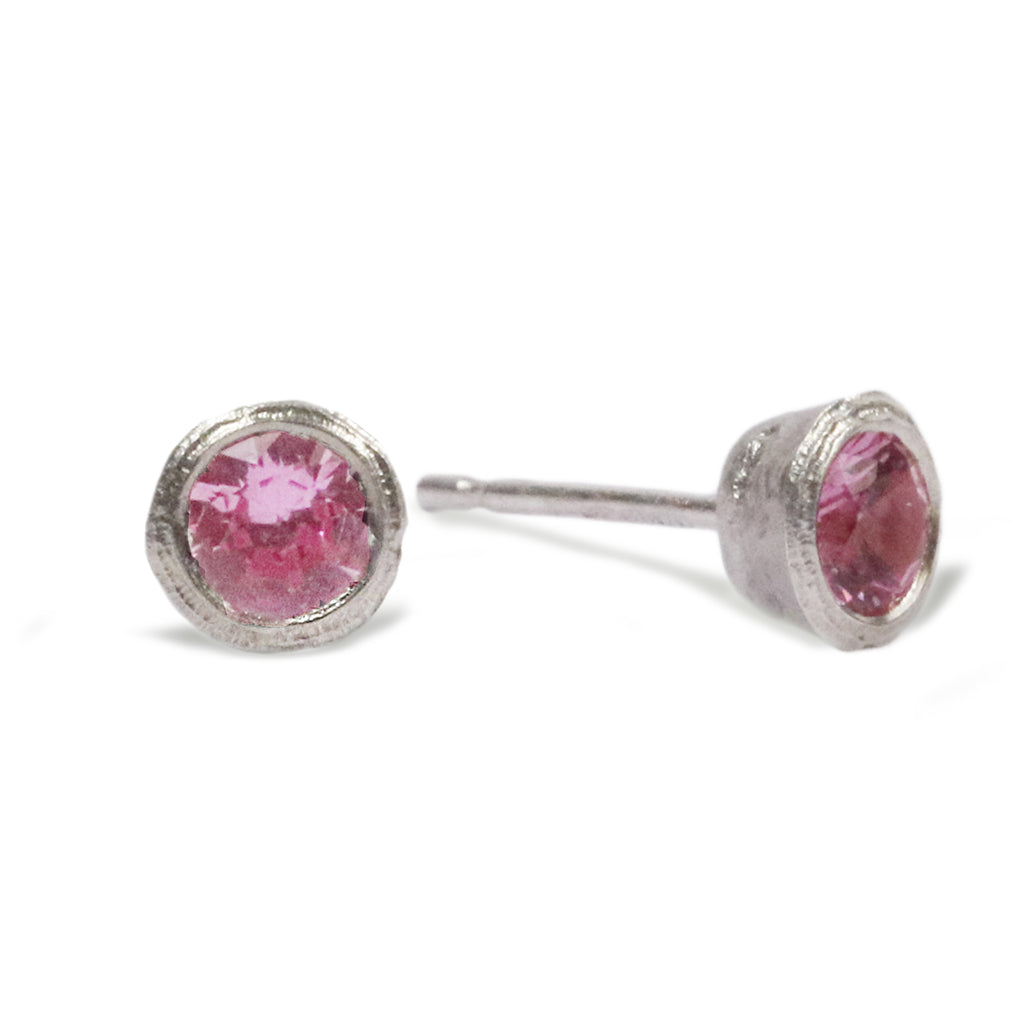 Silver and Pink Sapphire Etched Ear Studs