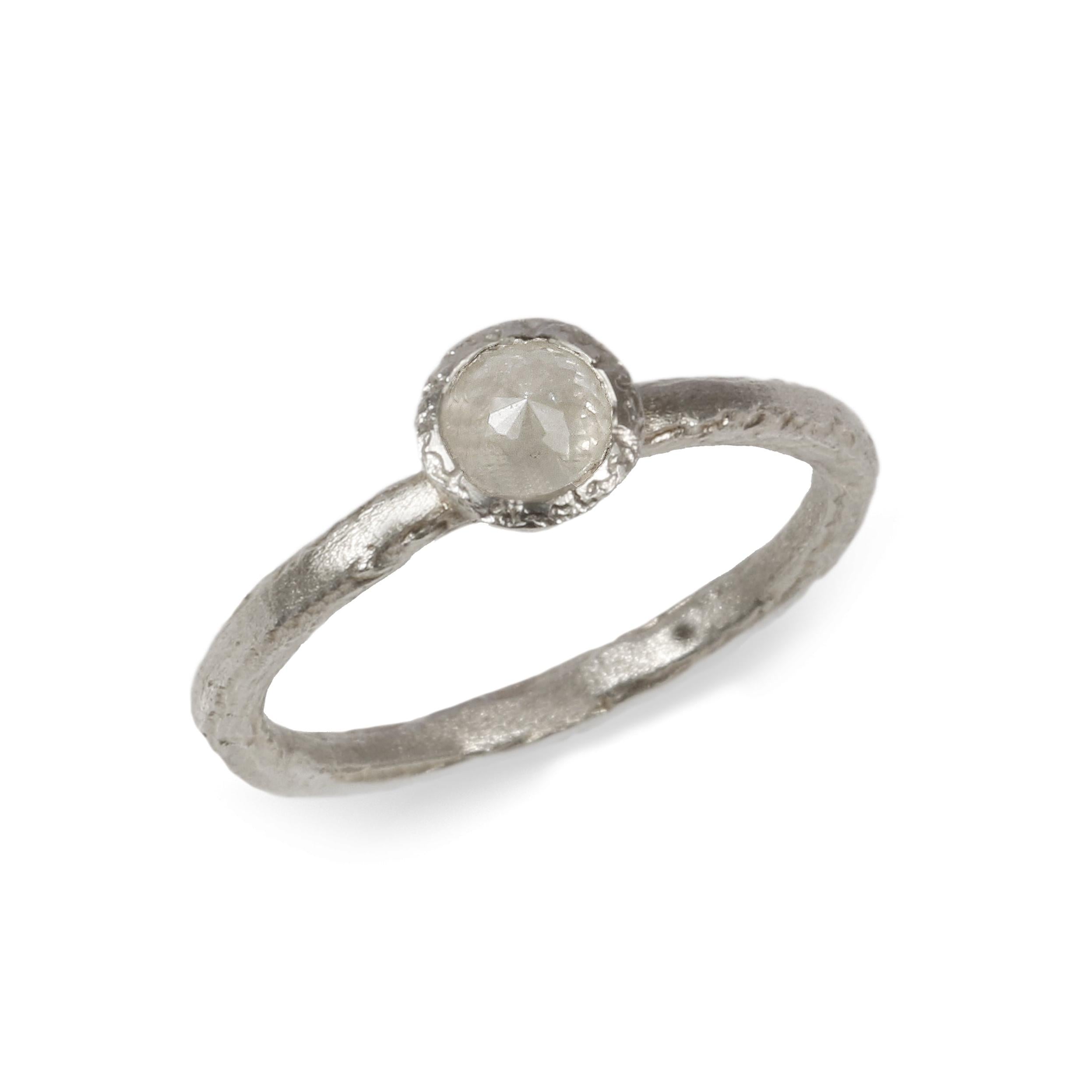 White Gold Textured Ring Set with Icy White Rose Cut Diamond on white background 