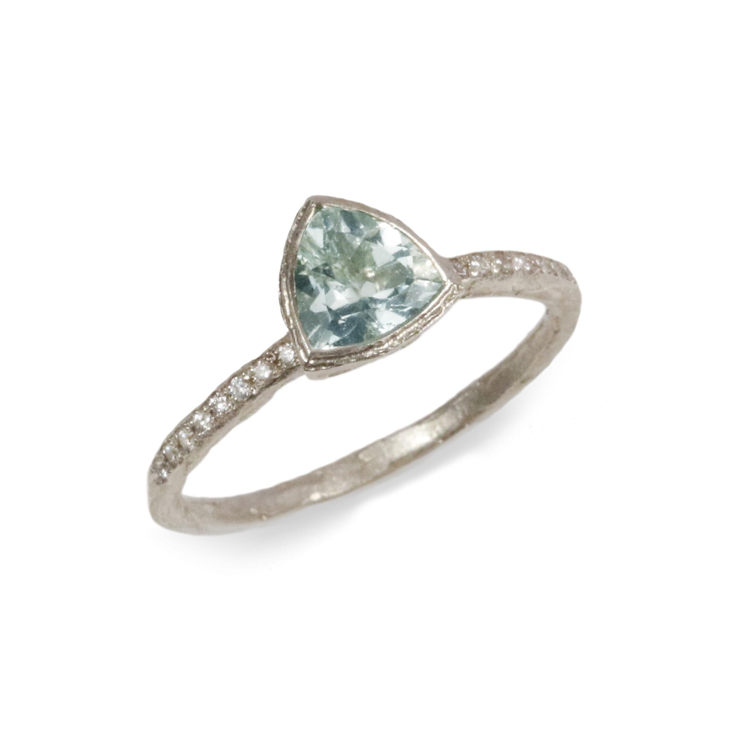 Trillion Cut Aquamarine and 9ct Fairtrade White Gold Ring with Grain Set Diamonds