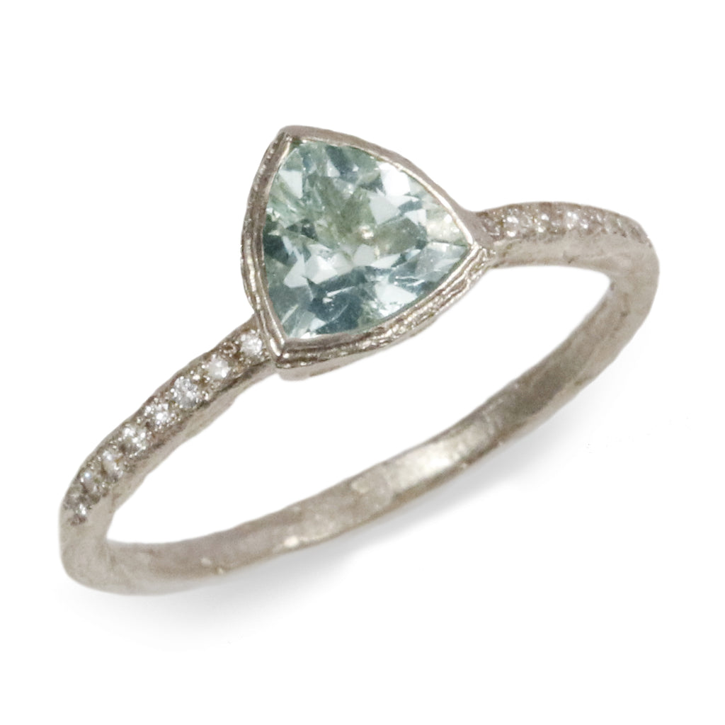 Trillion Cut Aquamarine and 9ct Fairtrade White Gold Ring with Grain Set Diamonds