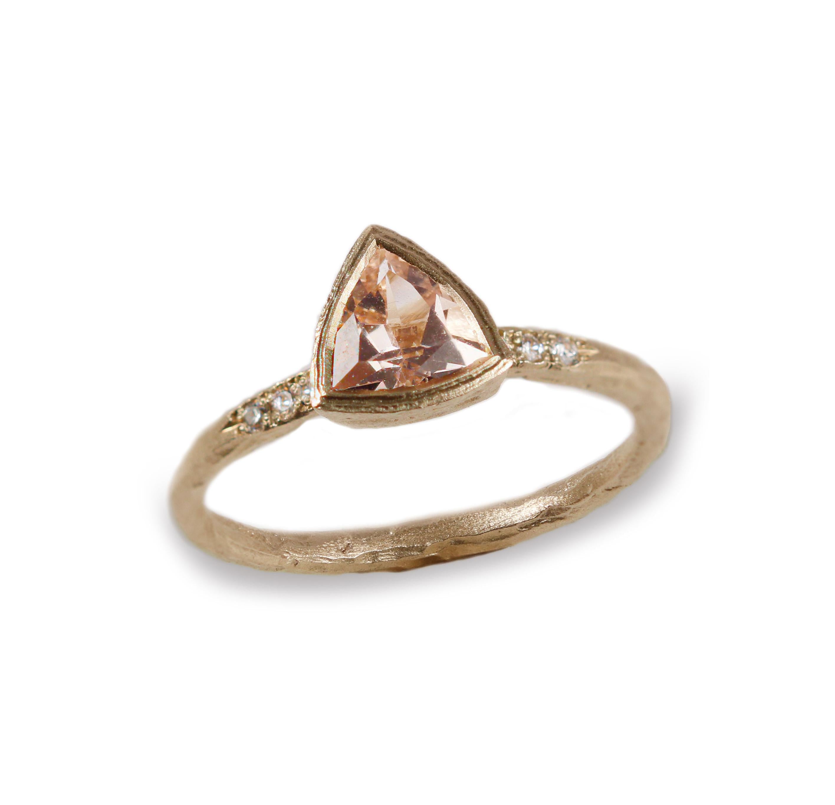 Yellow Gold Modern Ring with Pink Trillion Cut Morganite and Diamonds 