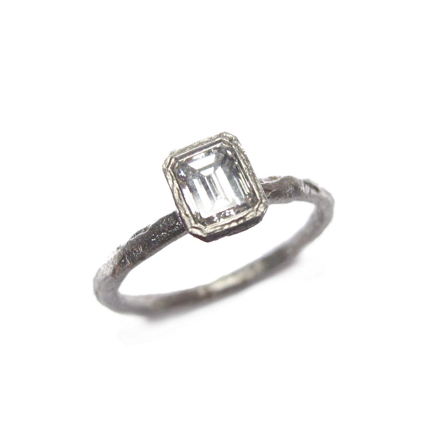 Textured Platinum Emerald Cut Solitaire Diamond Ring 