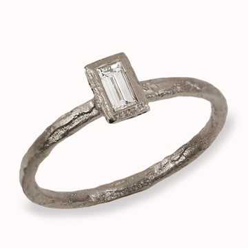 Baguette Cut Diamond Textured Engagement Ring  on white background 