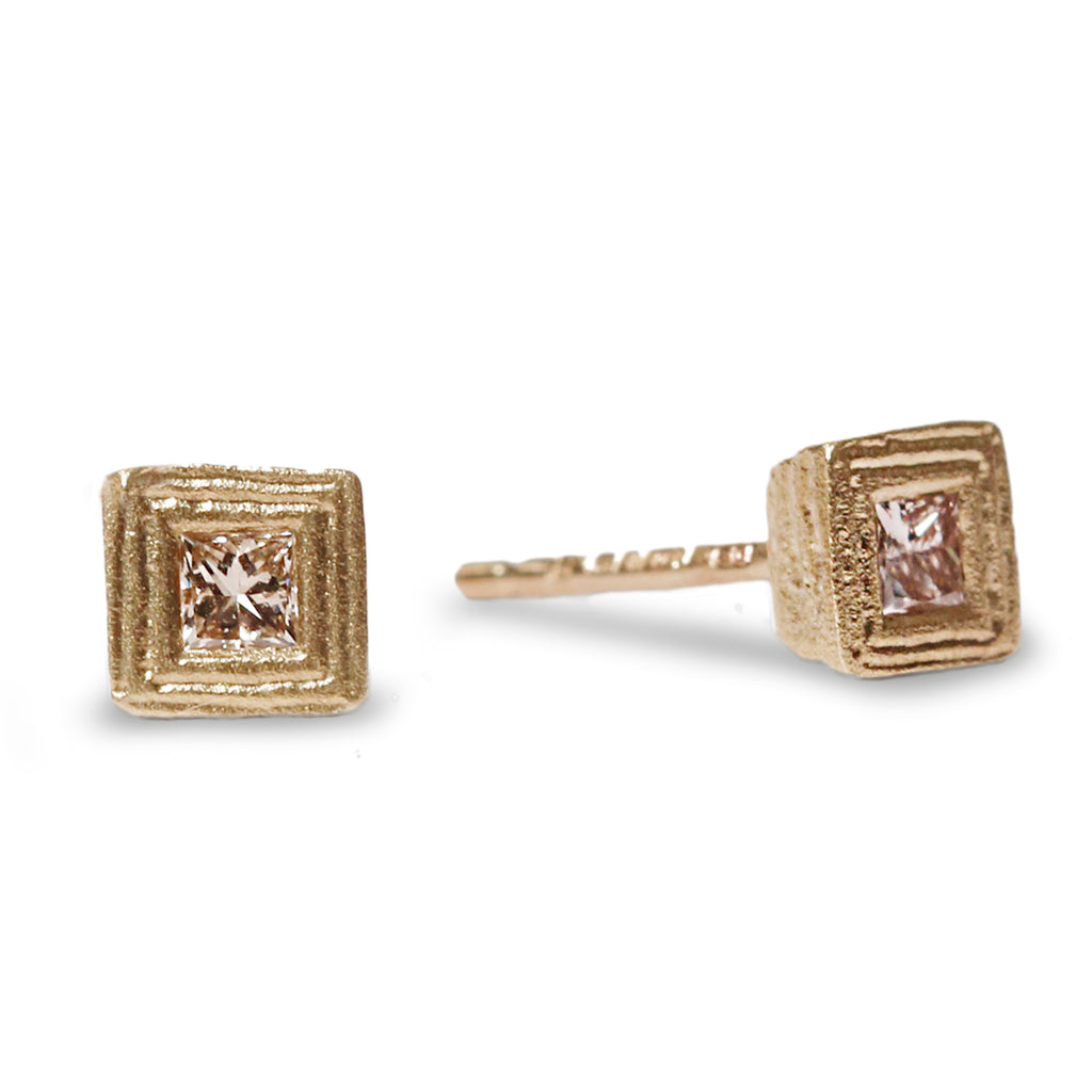 Fairtrade Gold Square Ear Studs with Champagne Diamonds