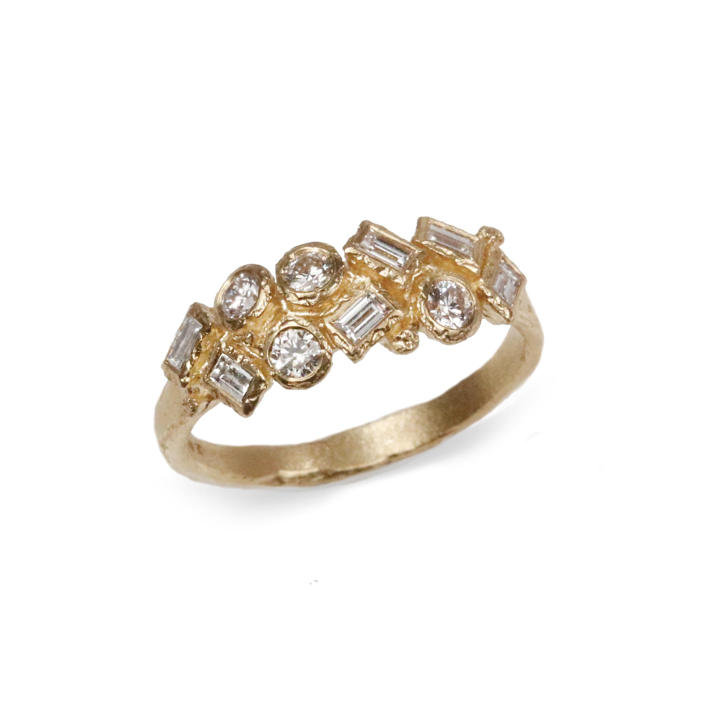 Yellow Gold Organic Cluster Ring set with Diamonds on white background 