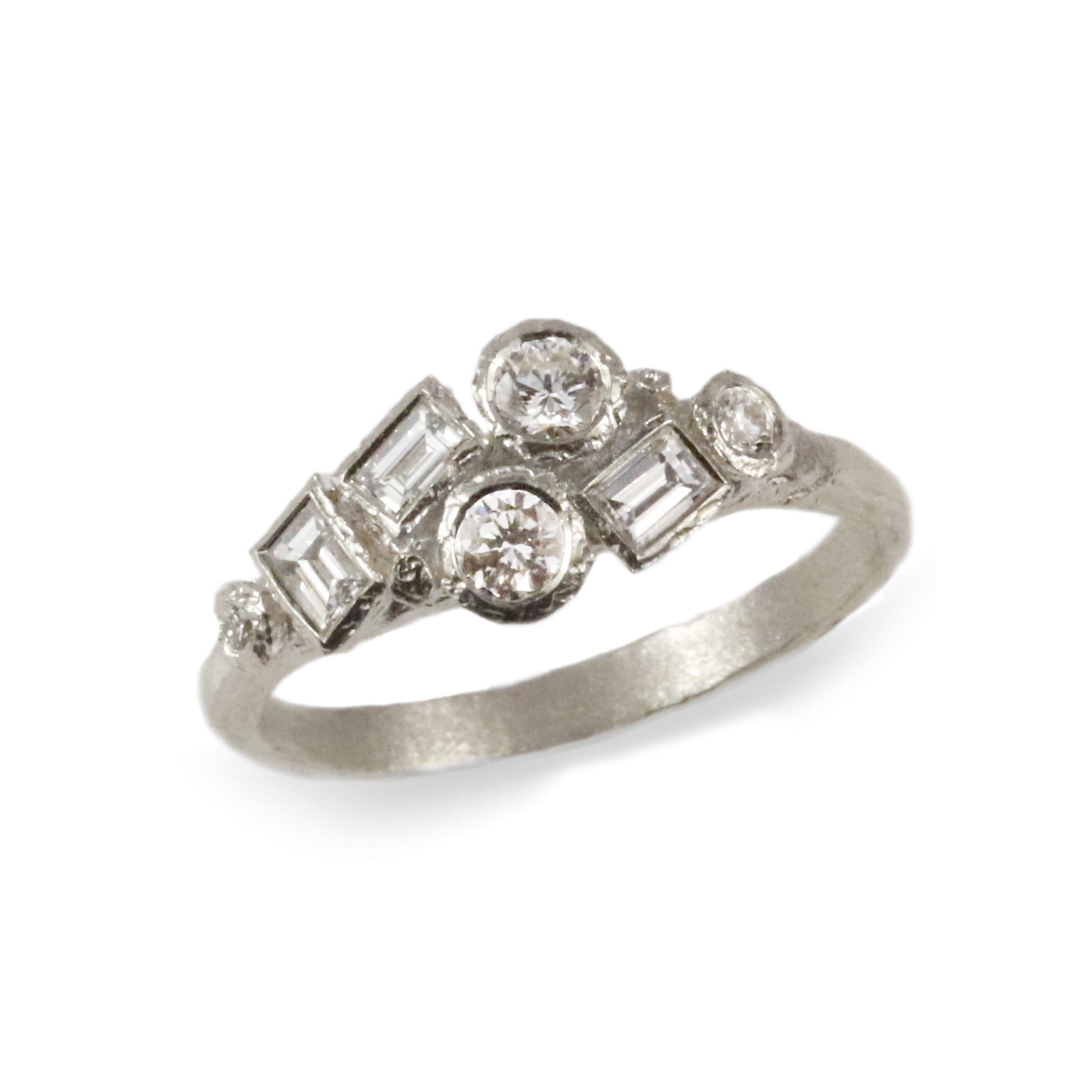 White Gold Textured Cluster Ring with Diamonds  on white background 