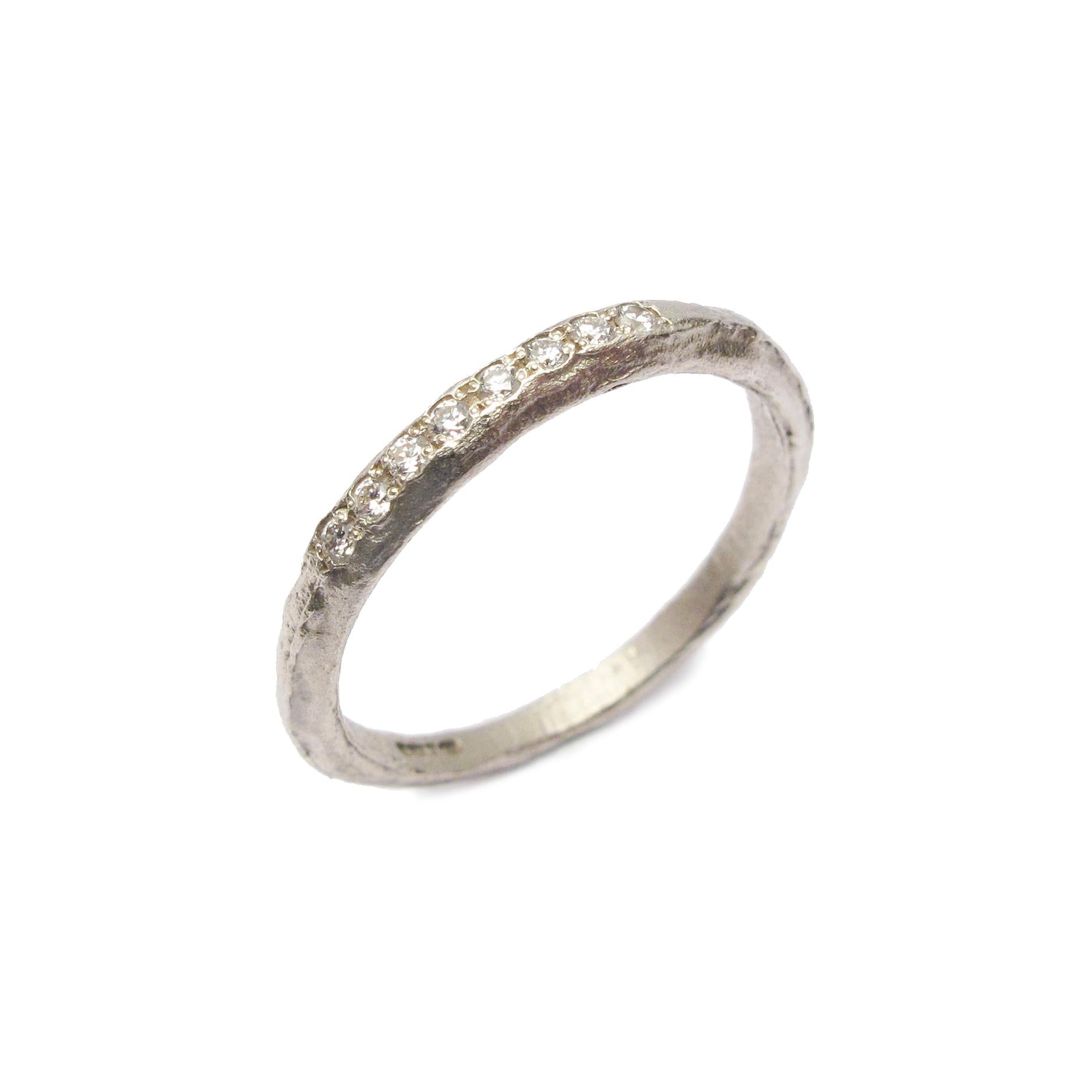 Slim, Textured 9ct Fairtrade White Gold Ring with 8 Grain Set Diamonds