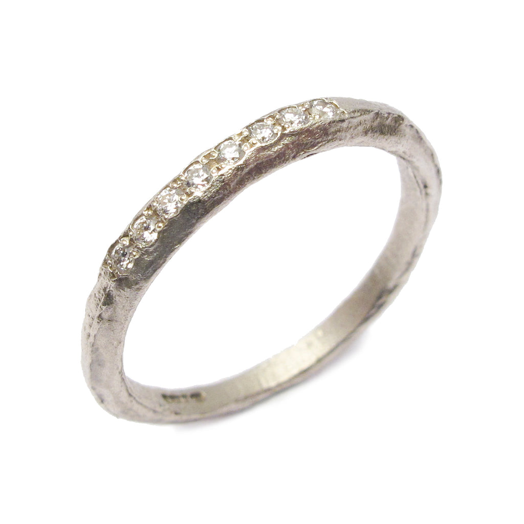 Slim, Textured 9ct Fairtrade White Gold Ring with 8 Grain Set Diamonds