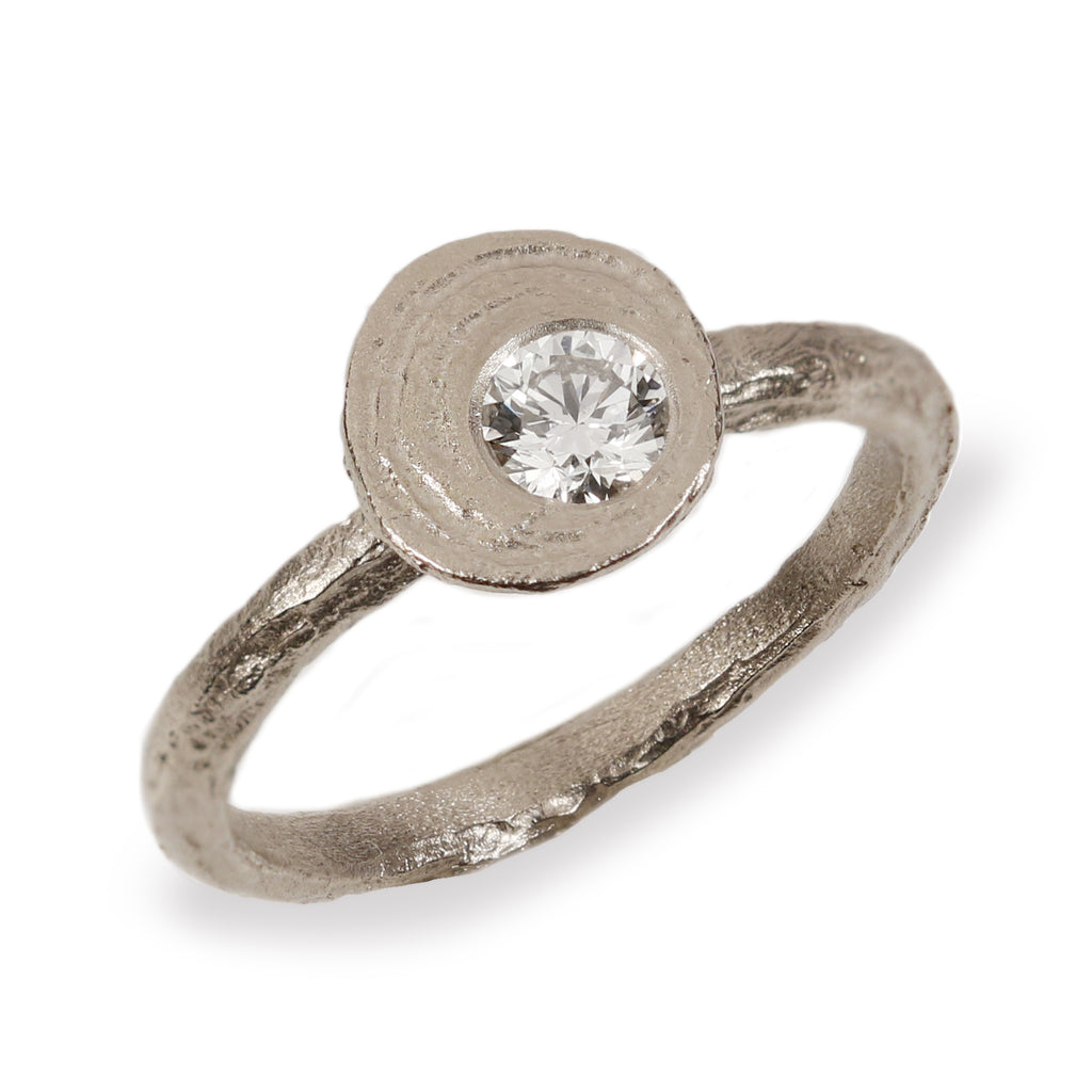Textured 18ct Fairtrade White Gold Ring with 0.25ct Brilliant Cut Offset Diamond