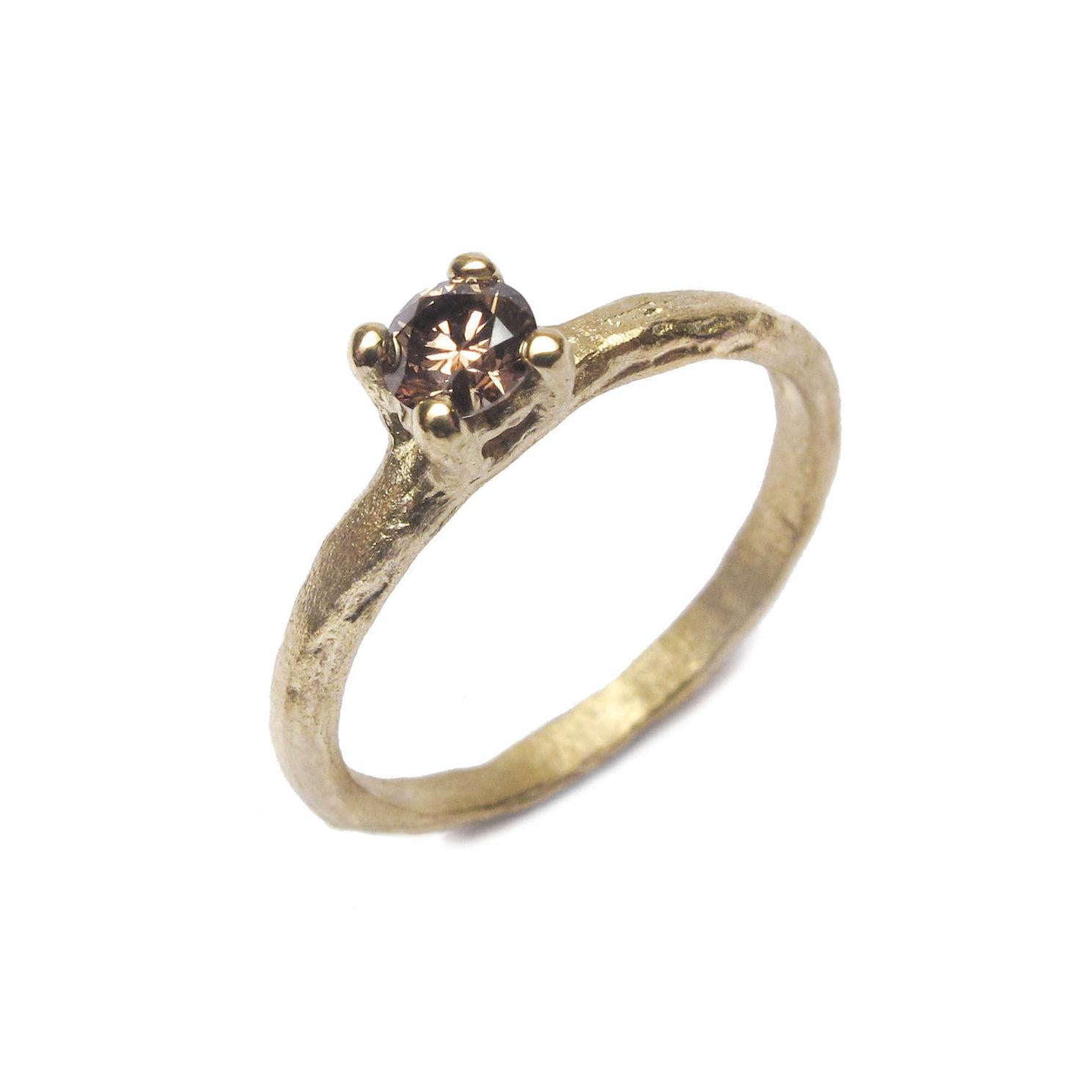 Textured Yellow Gold Claw Set Ring with Brown Diamond
