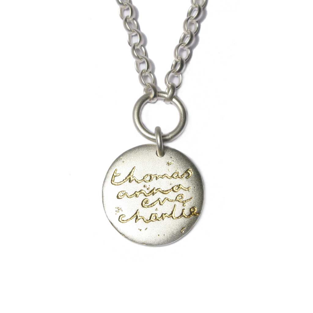 Diana Porter Jewellery bespoke commission etched silver gold pendant necklace