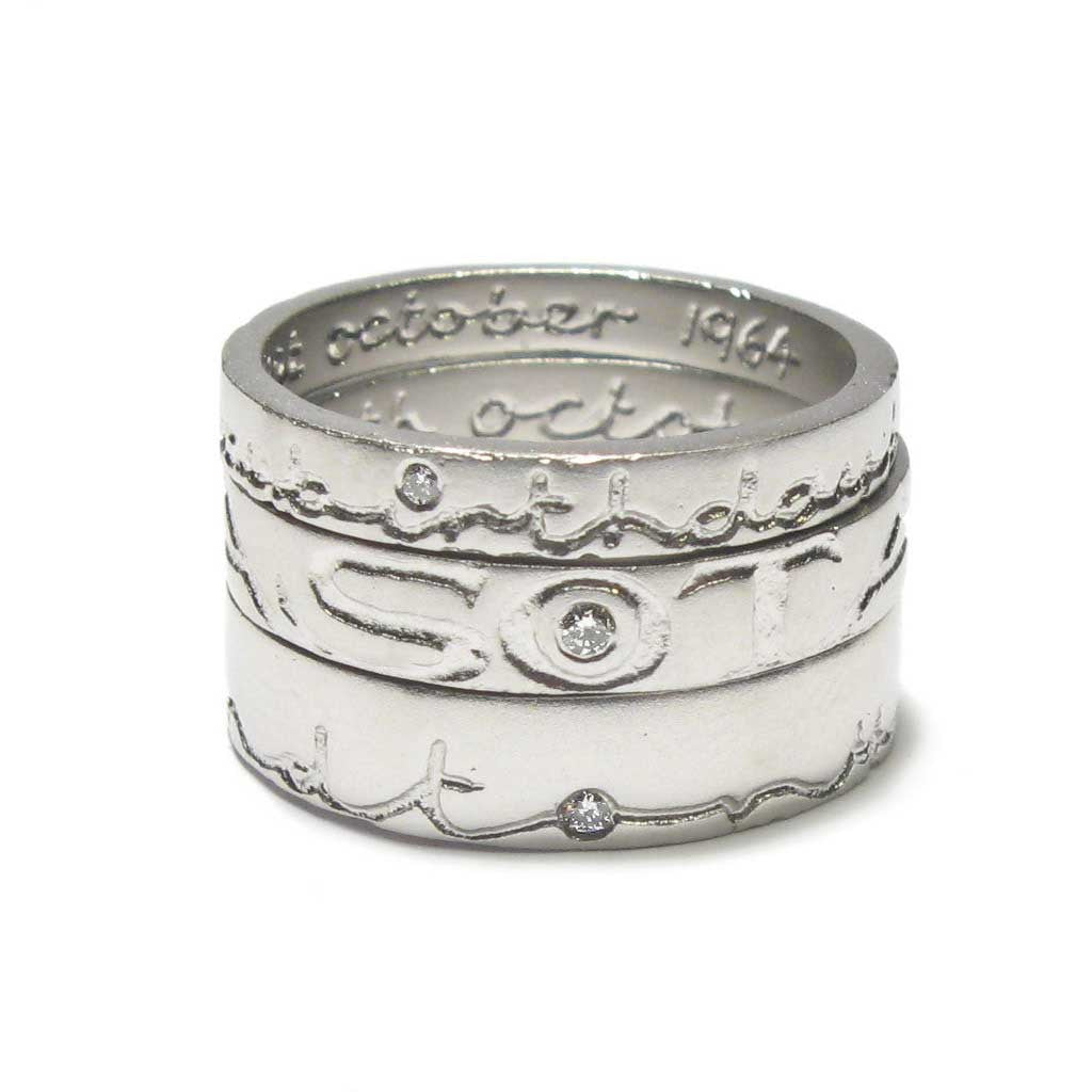 Diana Porter Jewellery bespoke commission etched platinum diamond rings