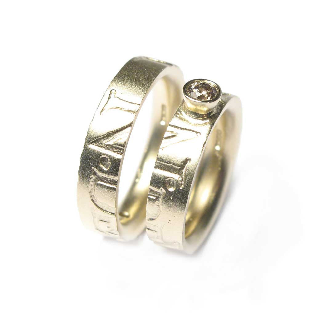 Diana Porter Jewellery bespoke commission diamond yellow gold partnership rings