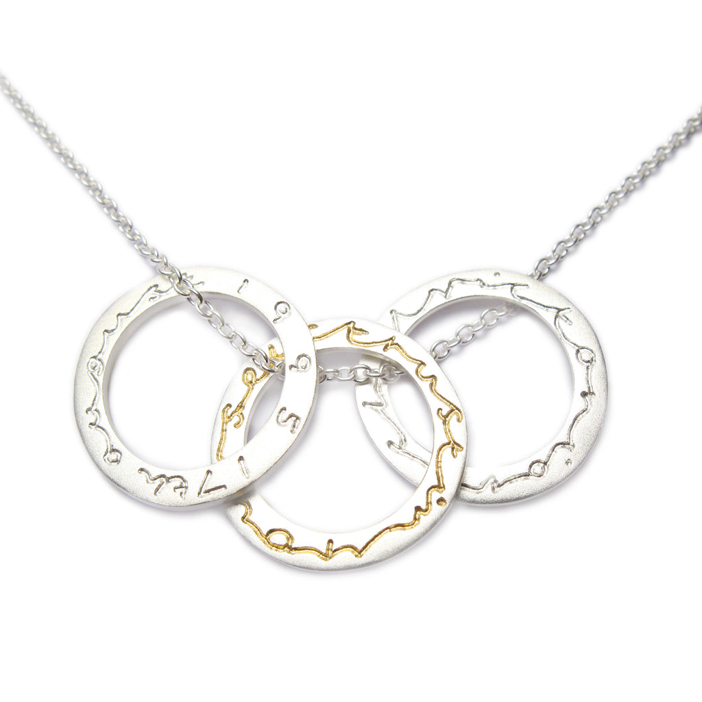 Diana Porter Contemporary jewellery Bespoke necklace with commissioned etching on silver rings