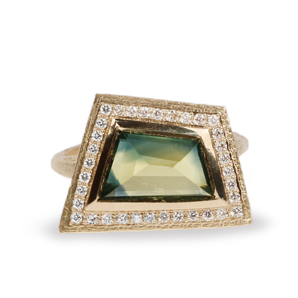 Bespoke - 9ct Fairtrade Yellow Gold Ring with a Bio-Coloured Sapphire and Diamonds