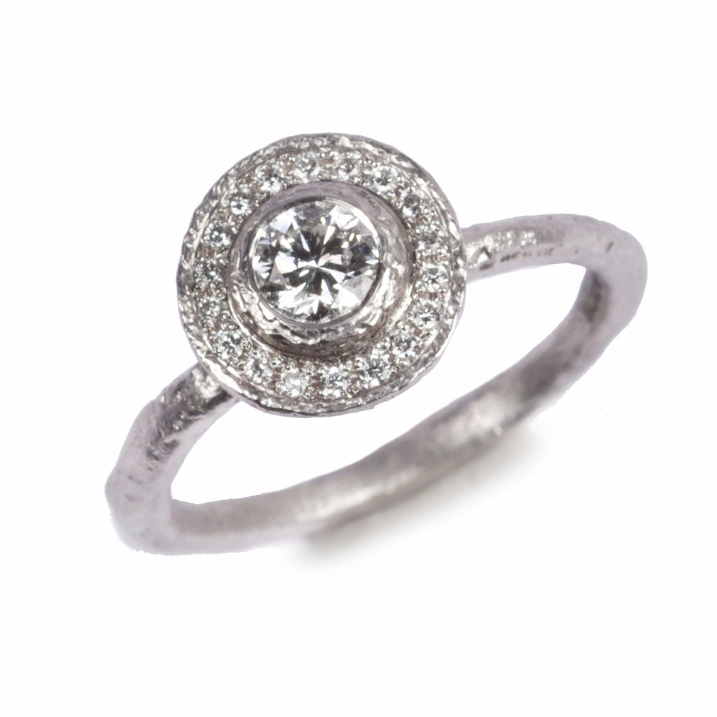 Bristol Jewellers Diana Porter, Contemporary engagement Halo ring, diamond and platinum