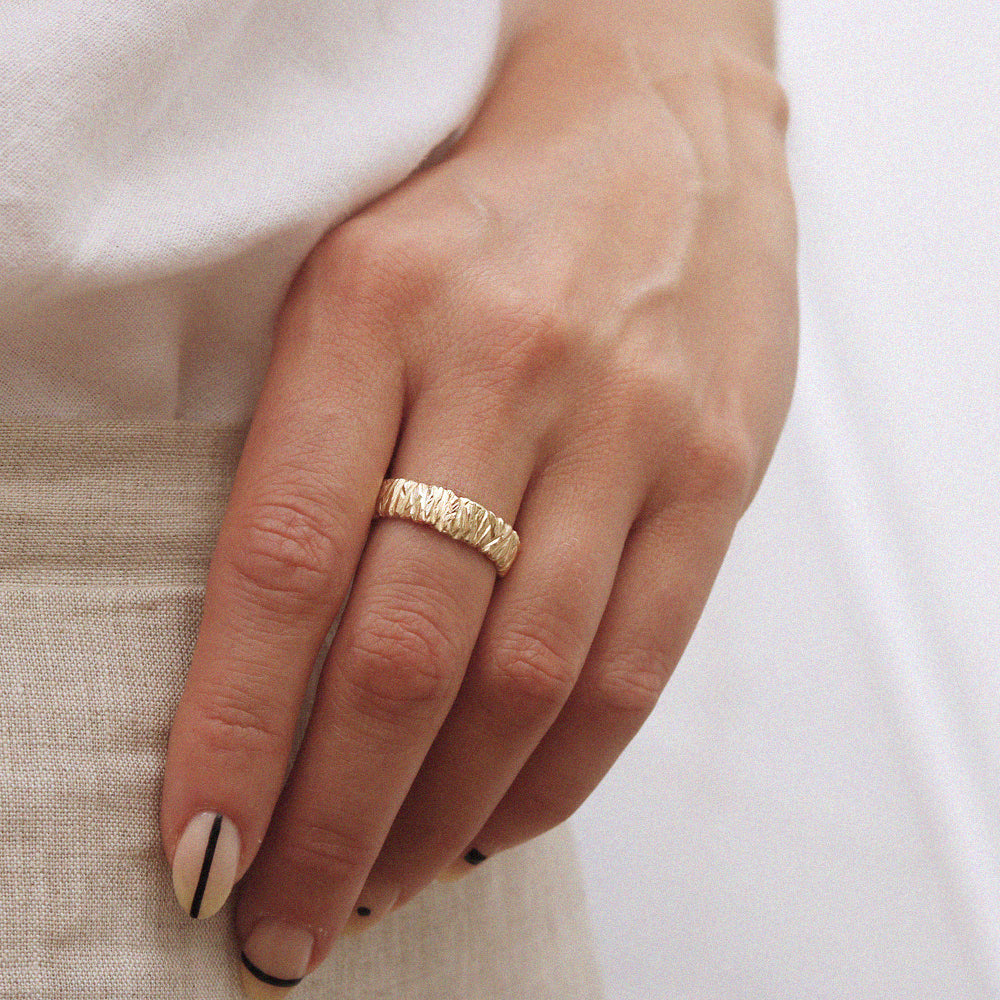 Hannah Felicity Dunne 9ct Yellow Gold Wide Textured Rock Ring