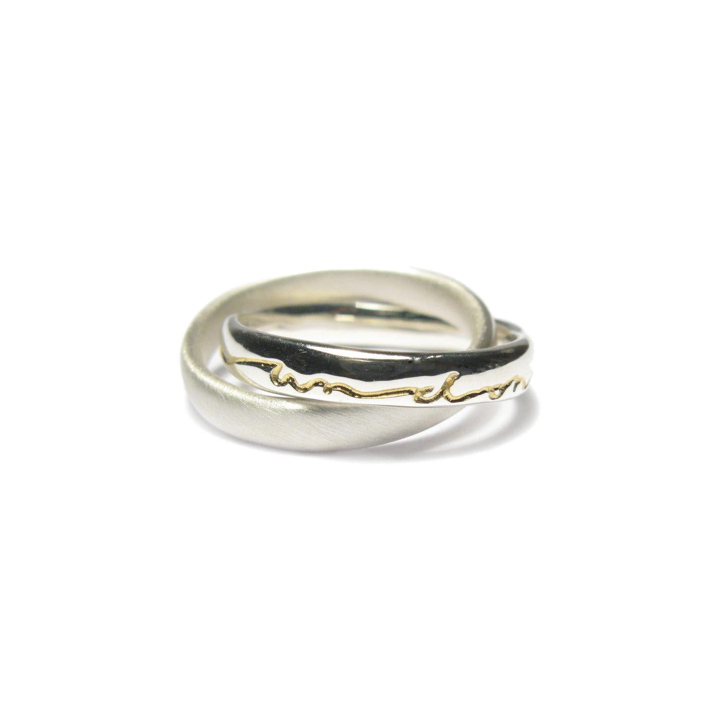 Diana porter Jewellery contemporary silver gold etched intertwined rings