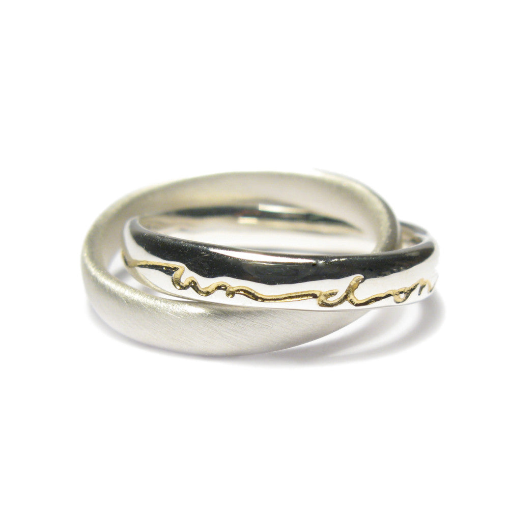 Diana porter Jewellery contemporary silver gold etched intertwined rings