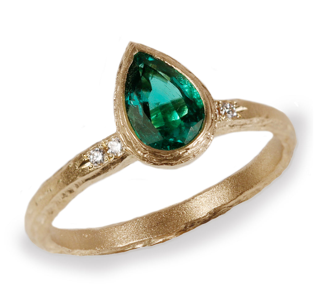 Bespoke 18ct Yellow Gold Ring with a Pear Cut Emerald