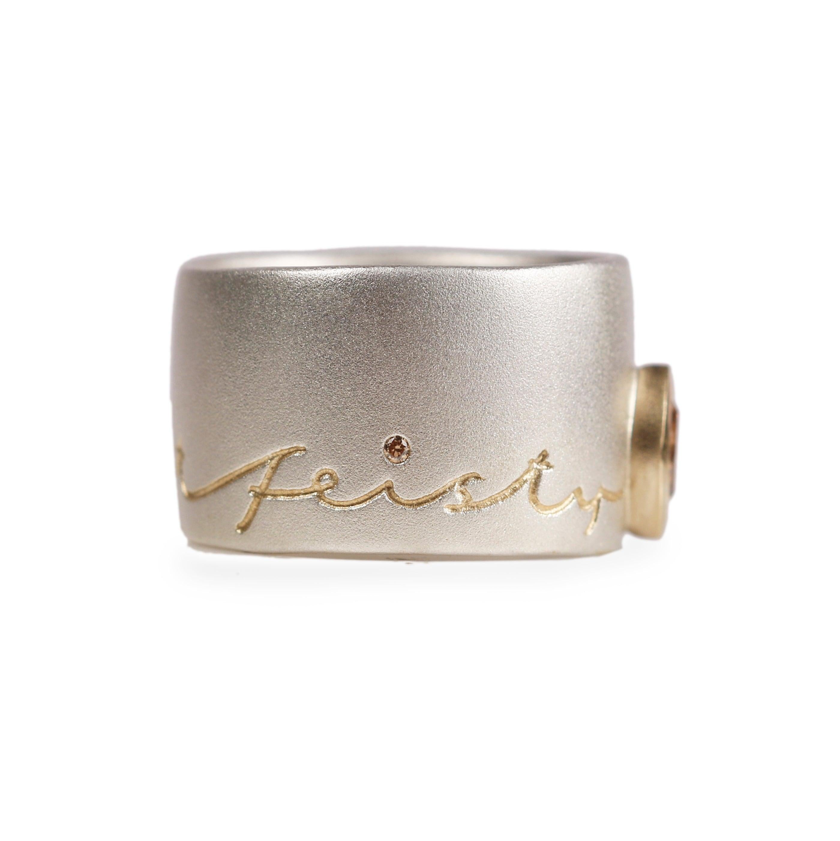 Bespoke - Silver and Gold Ring etched with Personalised Words and Brown Diamond