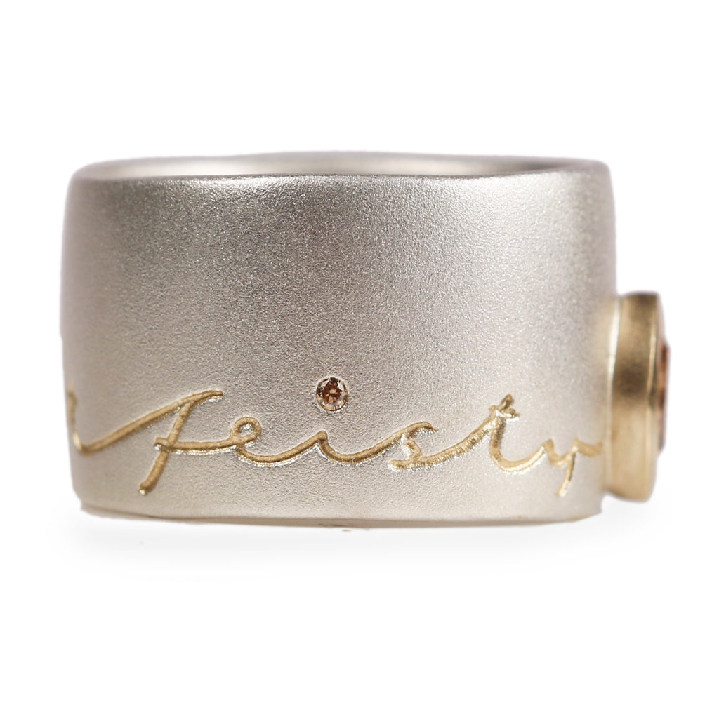 Bespoke - Silver and Gold Ring etched with Personalised Words and Brown Diamond