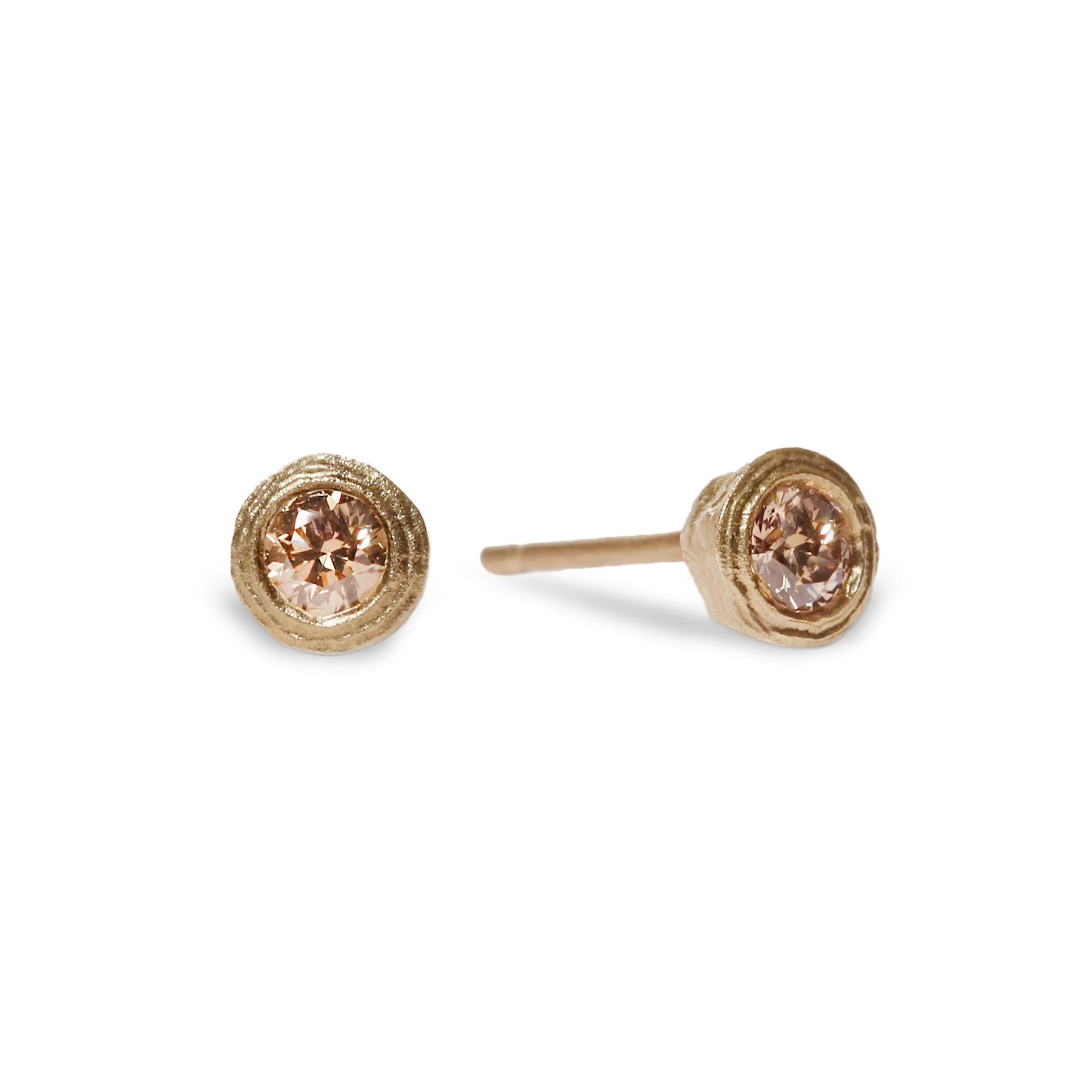9ct Fairtrade Yellow Gold Textured Ear Studs with Champagne Diamonds