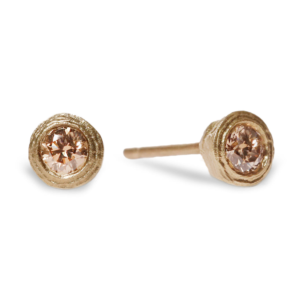 9ct Fairtrade Yellow Gold Textured Ear Studs with Champagne Diamonds