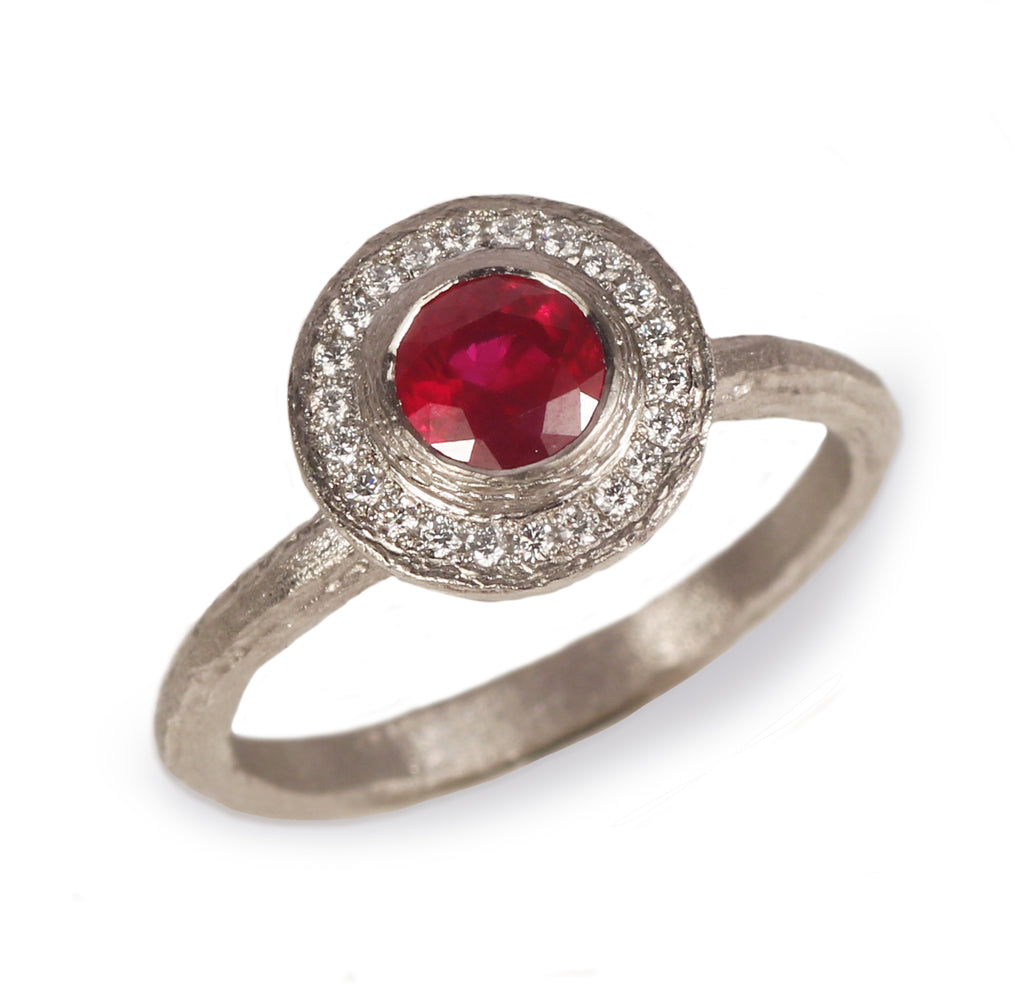 Bespoke -  Platinum Halo Ring with Ruby and Diamonds