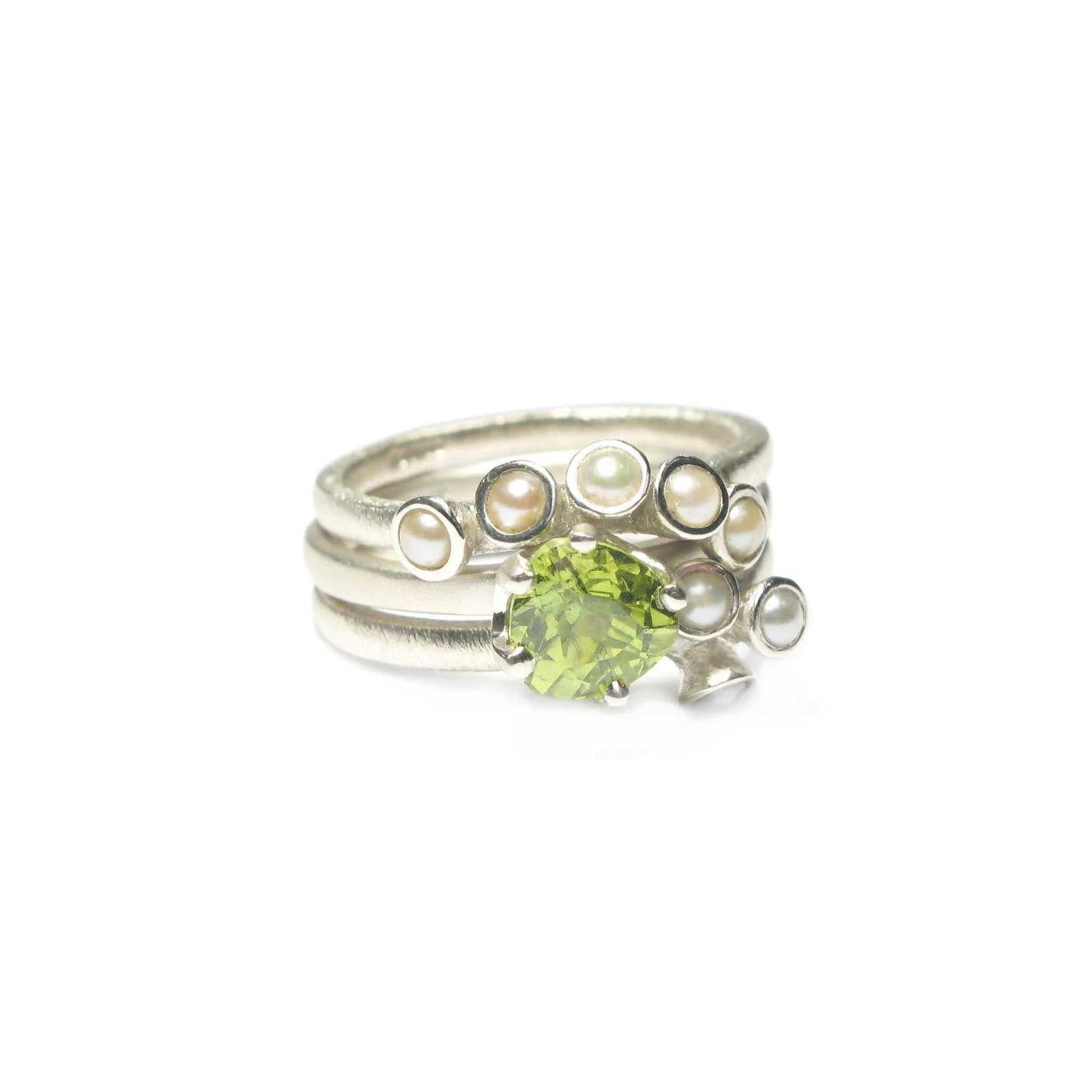 Diana Porter Jewellery bespoke commission pearl and peridot white gold rings