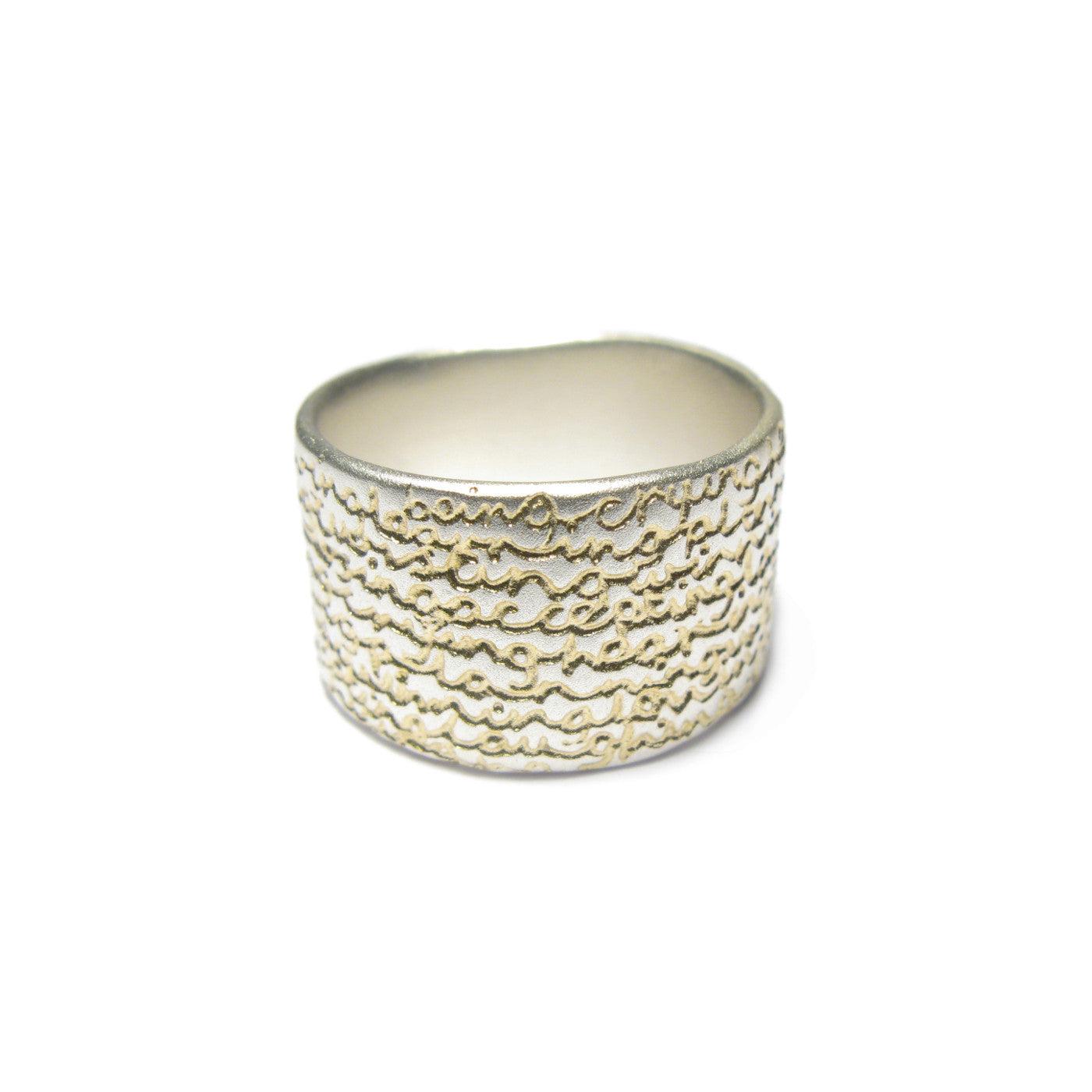Diana Porter Jewellery contemporary wide etched being silver gold ring