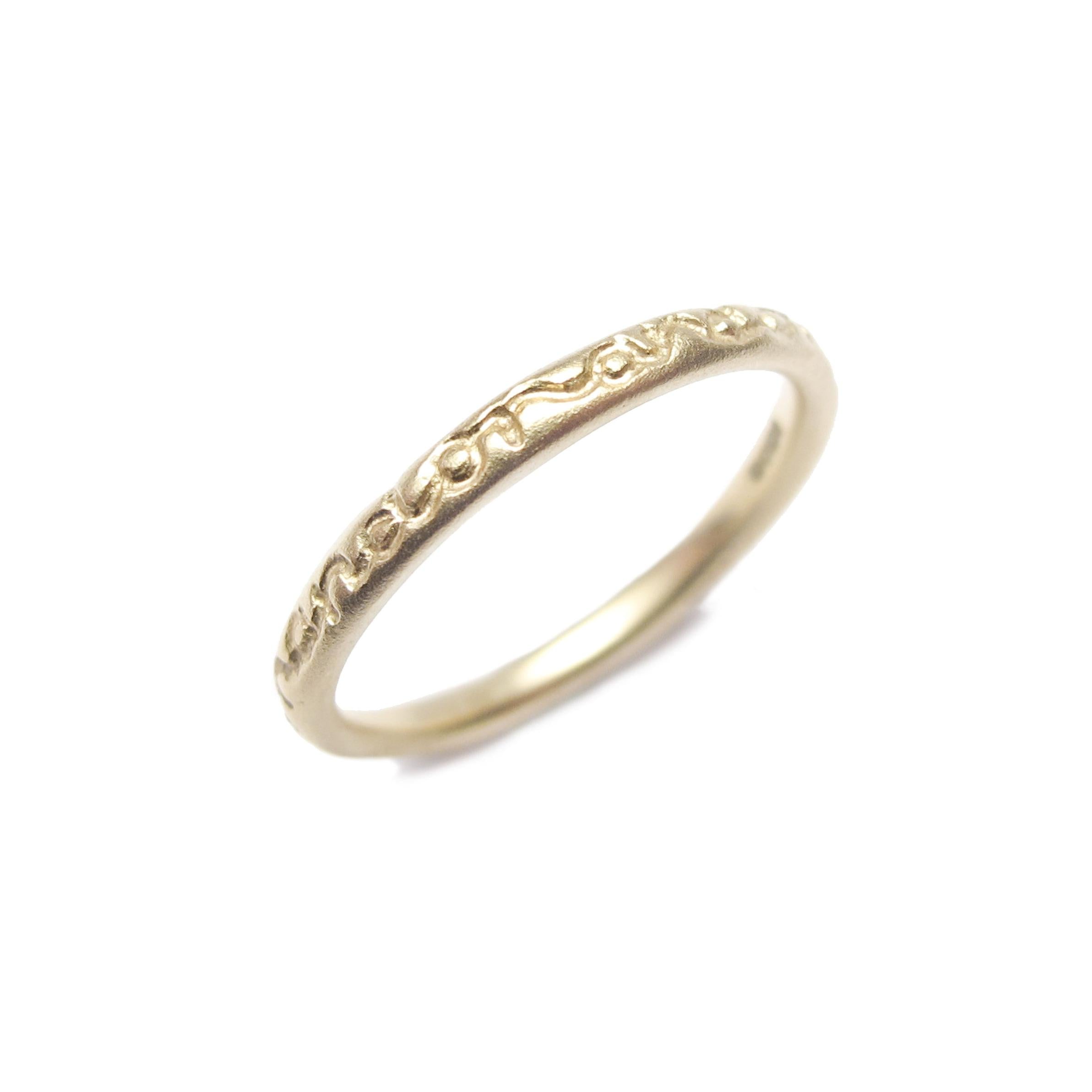 Diana Porter Contemporary Bristol Jewellery, Bespoke etching thin stacking ring in 9ct yellow gold