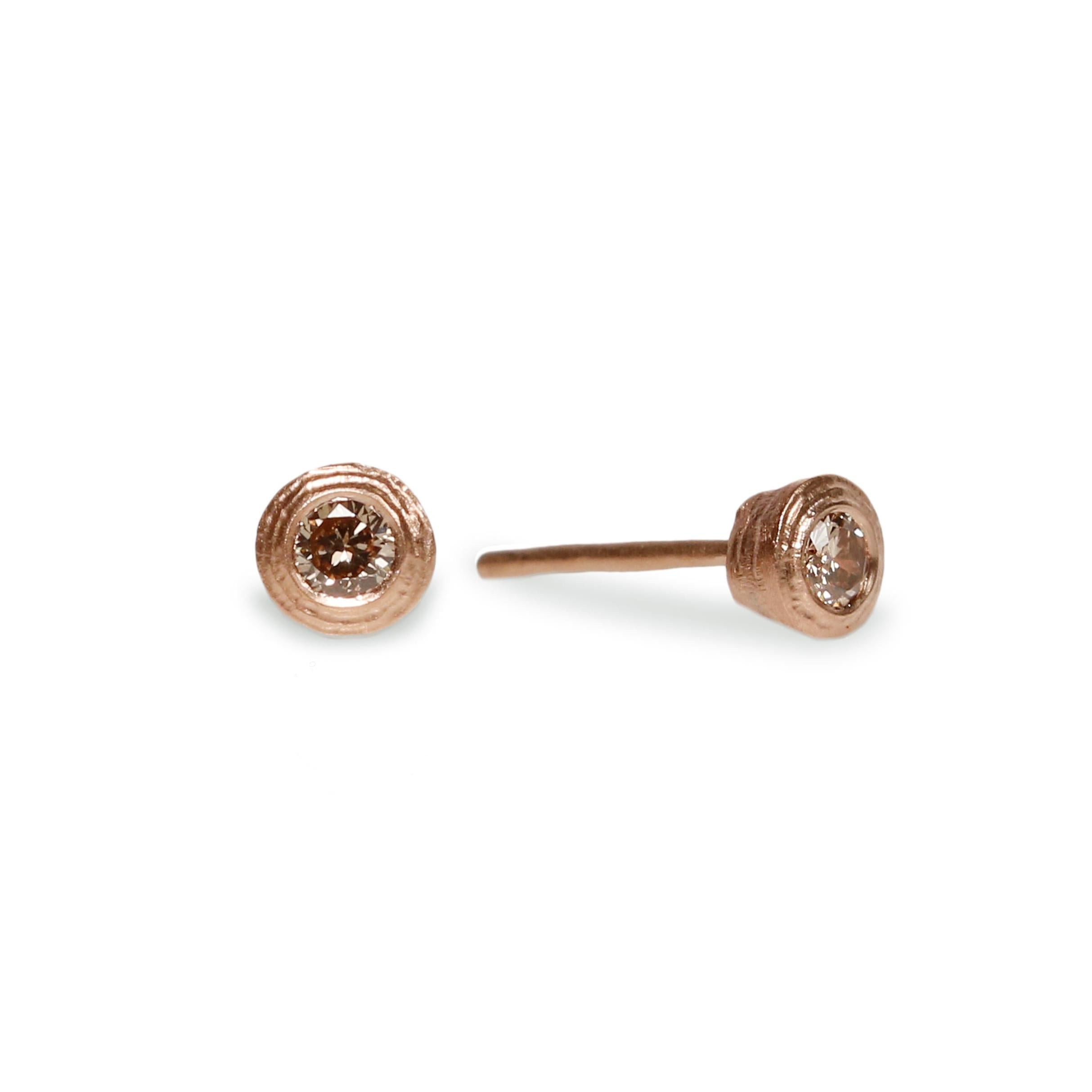 9ct Fairtrade Textured Rose Gold Ear Studs with Champagne Diamonds
