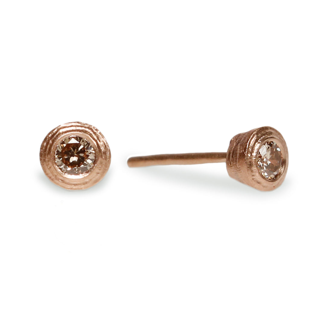 9ct Fairtrade Textured Rose Gold Ear Studs with Champagne Diamonds