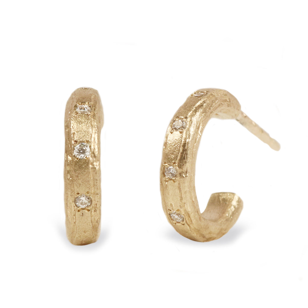 Small 9ct Fairtrade Gold Strata Textured Ear Hoops with Diamonds