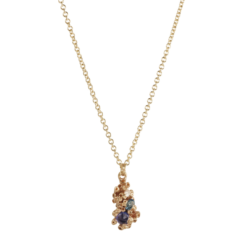 Ami Pepper Barnacle Pendant in 9ct Yellow Gold with Sapphires and Old Cut Diamond