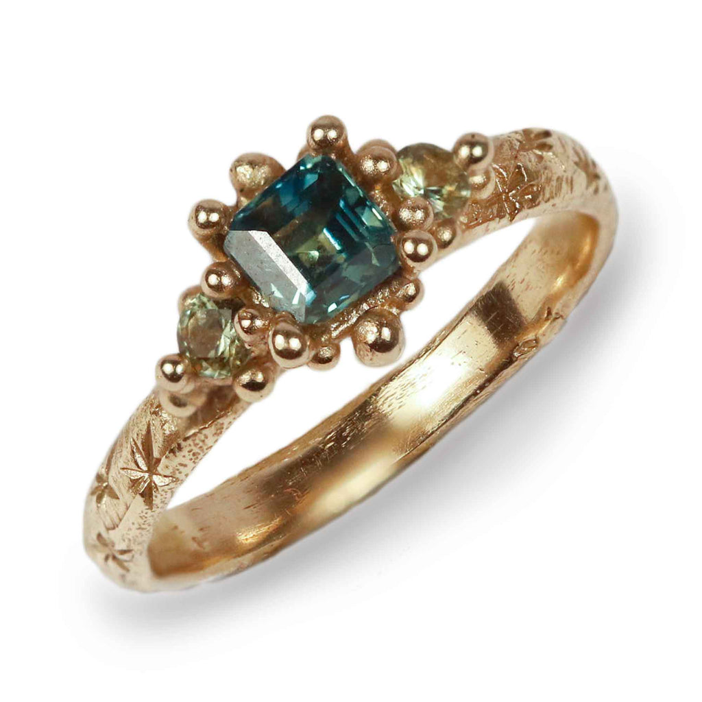 Ciara Bowles 9ct Yellow Gold Teal Ascher cut and Green Sapphire Trio Ring